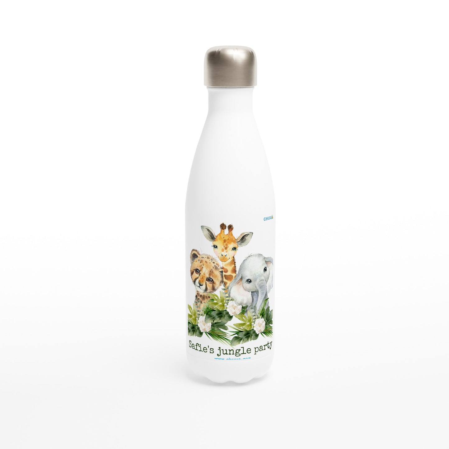 White 17oz Stainless Steel Water Bottle "Jungle party", personalizable, you can create a signature.