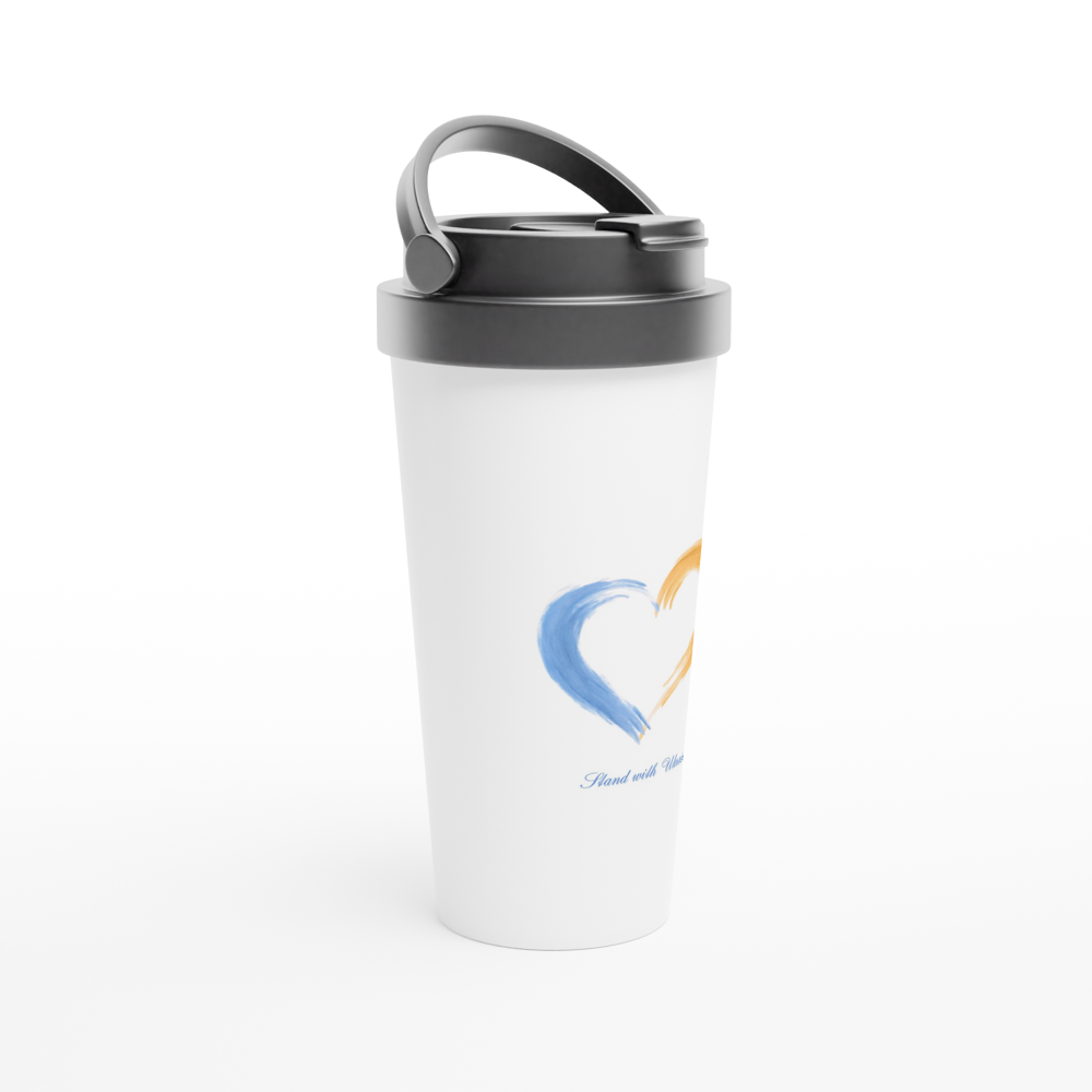 White 15oz Stainless Steel Travel Mug with yellow-blue heart