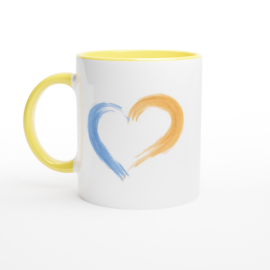 White 11oz Ceramic Mug with Color Inside with yellow-blue heart