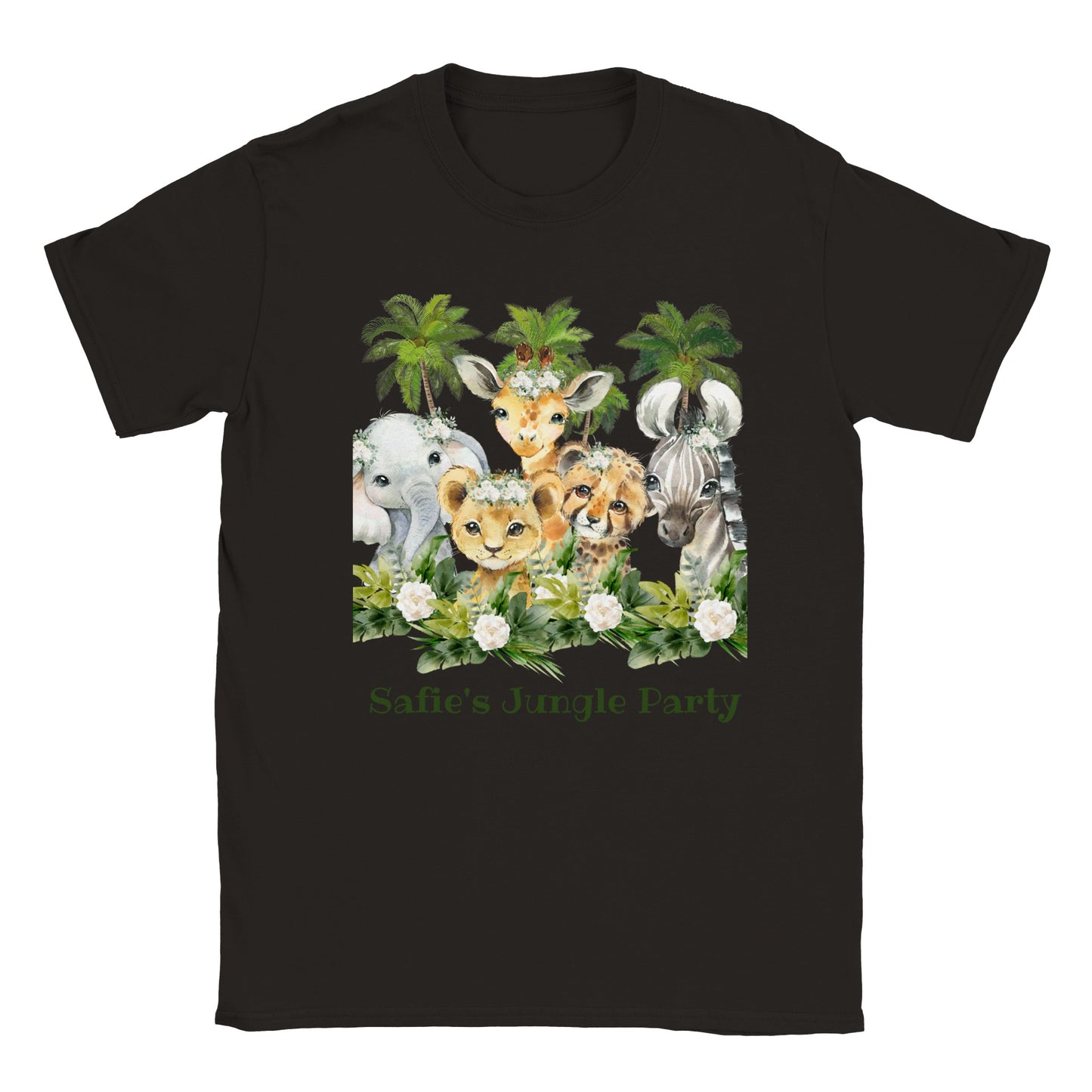Personalizable, you can create a signature. Classic Kids Crewneck T-shirt "Jungle Party"